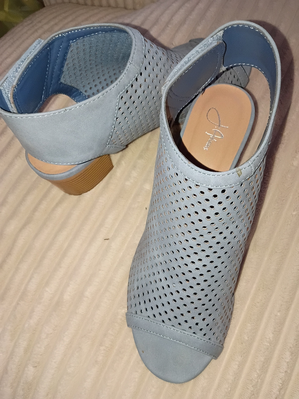 Perforated Open-Toe Slingback Heels in Light Blue